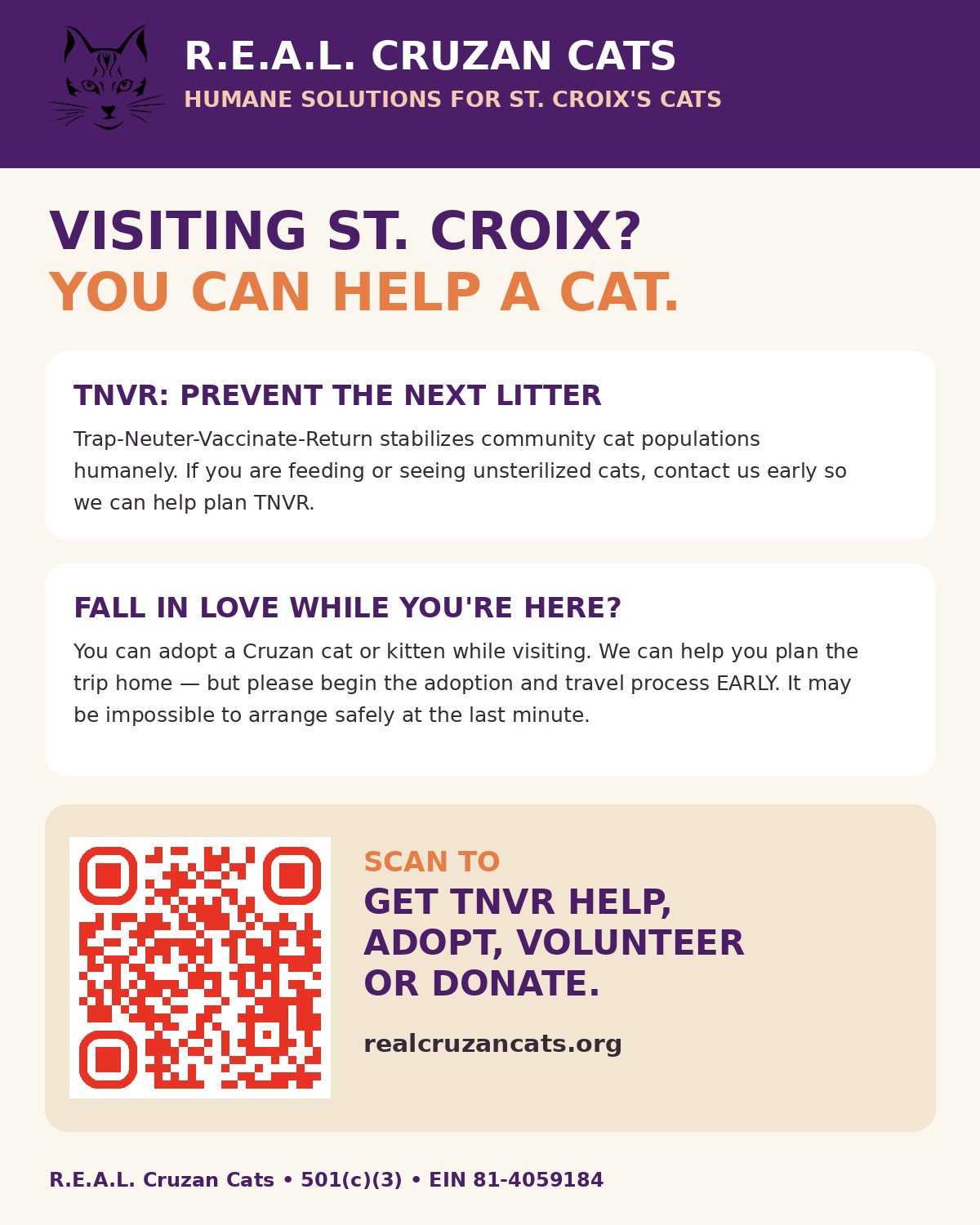 R.E.A.L. Cruzan Cats share card with TNVR, adoption and QR code information